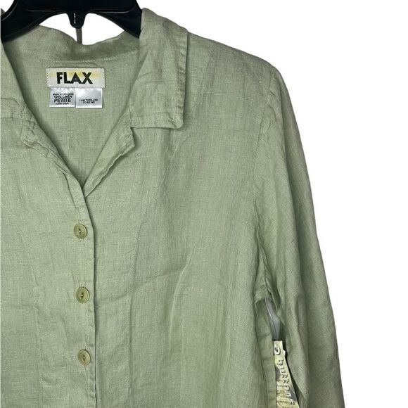 Flax Green Long Sleeve 100% Linen Lagenlook Button Front Shirt Petite - Picture 5 of 11